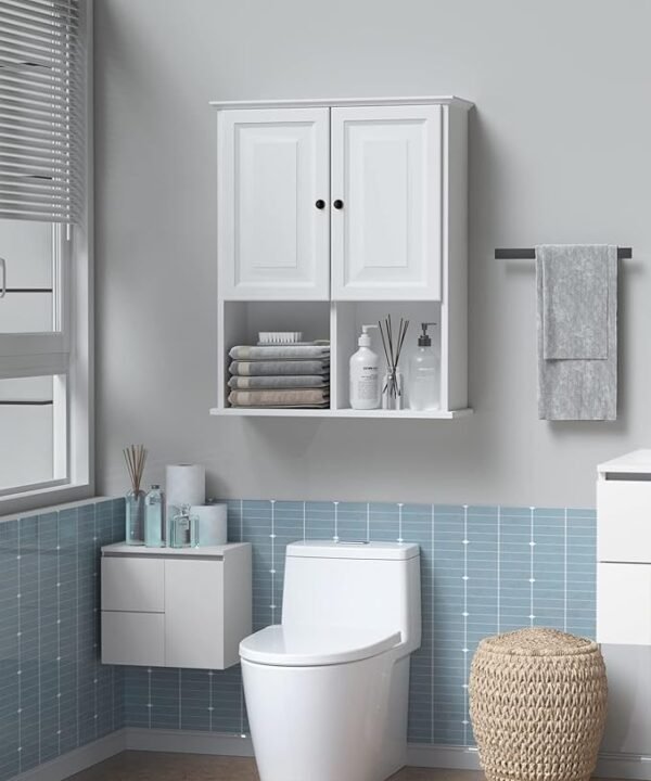 HAIOOU Bathroom Wall Cabinet with Motion Sensor LED Light, Wooden Medicine Cabinet Wall Mounted Cupboard, Over Toilet Storage Cabinet with Buffering Hinges and Adjustable Shelf - White