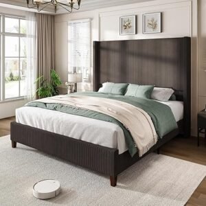 AMERLIFE King Size 62" Corduroy Upholstered Bed Frame, Luxurious Platform Bed with Extra Tall Wingback Headboard and Vertical Stripe, No Box Spring Needed/Solid Wood Slats & Legs/Brown