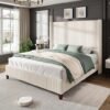 AMERLIFE King Size 62" Corduroy Upholstered Bed Frame, Luxurious Platform Bed with Extra Tall Wingback Headboard and Vertical Stripe, No Box Spring Needed/Solid Wood Slats & Legs/Cream