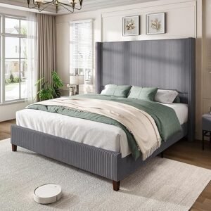 AMERLIFE Queen Size 62" Corduroy Upholstered Bed Frame, Luxurious Platform Bed with Extra Tall Wingback Headboard and Vertical Stripe, No Box Spring Needed/Solid Wood Slats & Legs/Grey