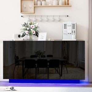 Anbuy Buffet Cabinet with LED Lights Sideboard with Storage Coffee Bar with Charging Station Buffet Cabinet with High Gloss Doors for Kitchen, Bedroom, Living Room (Black LED)