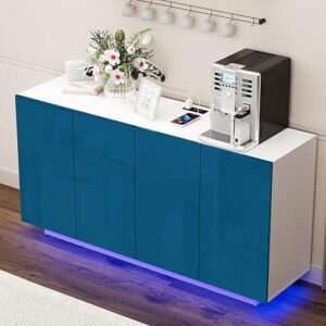 Anbuy Buffet Cabinet with Storage 57.87'' Sideboard with Storage Coffee Bar with Lights & Charging Station Kitchen LED Buffet Cabinet with Doors for Bedroom, Living Room (Blue)