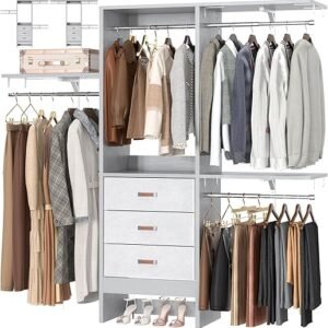 armocity 5FT Small Closet System with 3 Fabric Drawers, 60 Inches Walk In Closet Organizer System With 3 Adjustable Shelves, Heavy Duty Clothes Rack Built-In Garment Rack, 59" L x 16" W x 71" H, Grey