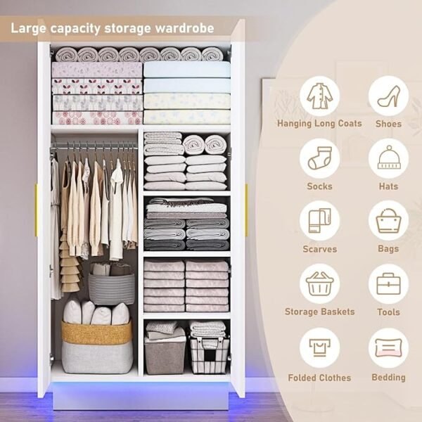 Modern 70in LED 2 Doors Armoires Wardrobe Closet&Cabinet with Hanging Rod,Bedroom Armoires with RGB LED 6000-color Lights,Wardrobe Clothes Organizer (White-2 Door Armoires)