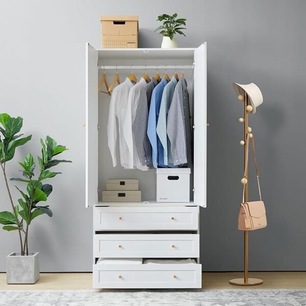 LEVNARY Wardrobe Armoire Closet, 2-Door Wardrobe Cabinet with 3-Drawer and Hanging Rod, Modern Bedroom Armoire Clothing Organizer Freestanding Closet (White)