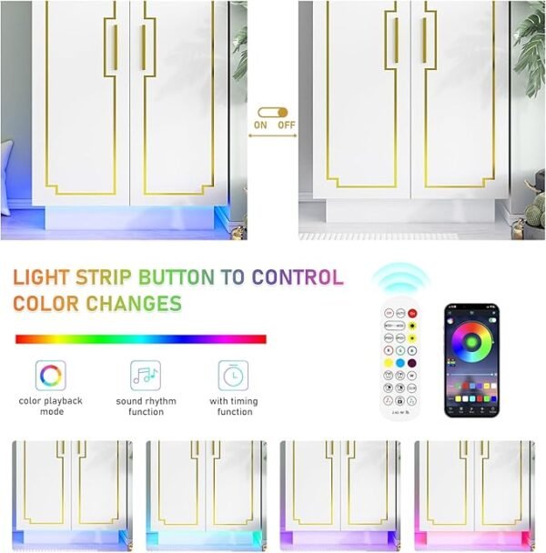 Modern 70in LED 2 Doors Armoires Wardrobe Closet&Cabinet with Hanging Rod,Bedroom Armoires with RGB LED 6000-color Lights,Wardrobe Clothes Organizer (White-2 Door Armoires)