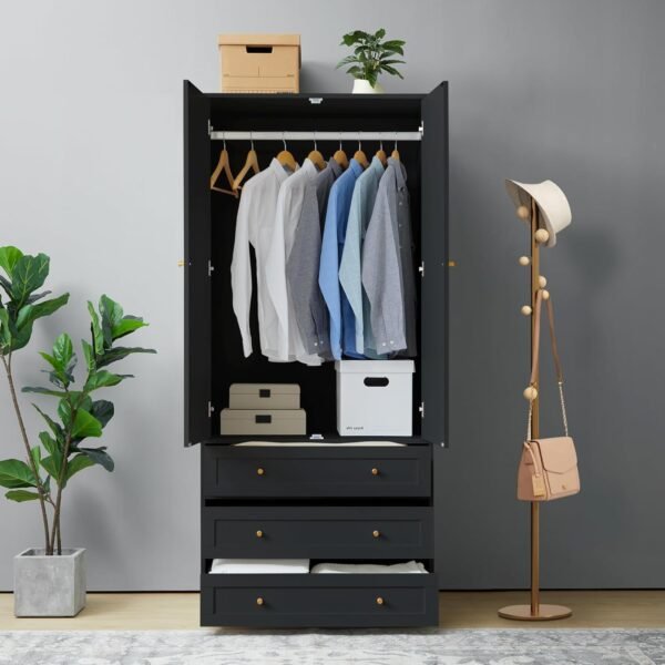 LEVNARY Wardrobe Armoire Closet, 2-Door Wardrobe Cabinet with 3-Drawer and Hanging Rod, Modern Bedroom Armoire Clothing Organizer Freestanding Closet (Black)