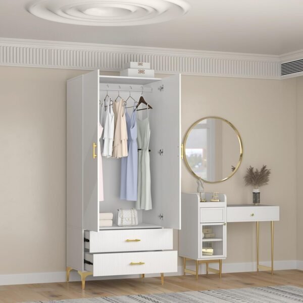 Wardrobe Armoire with 2 Doors, 2 Drawers and Hanging Rods, Twill Wood Closet Storage with Metal Cabinet Legs, White 20.4" D x 31.5" W x 76.77" H (Left Modern)