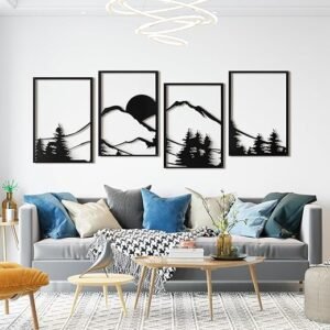 Art3d Black Metal Wall art, 4 Pieces Wall Decor for Living Room Bedroom Hallway Hotel, Natural Mountain Pattern Wall Art Style, Line Art Wall Décor