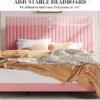 SHA CERLIN King Upholstered Platform Bed Frame with Adjustable Headboard/Vertical Channel Tufted Velvet Fabric/Wooden Slats Support/Mattress Foundation/Box Spring Optional/Pink