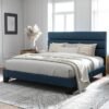 Allewie King Size Platform Bed Frame with Fabric Upholstered Headboard and Wooden Slats Support, Fully Upholstered Mattress Foundation/No Box Spring Needed/Easy Assembly, Navy Blue