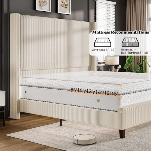 AMERLIFE King Size 62" Corduroy Upholstered Bed Frame, Luxurious Platform Bed with Extra Tall Wingback Headboard and Vertical Stripe, No Box Spring Needed/Solid Wood Slats & Legs/Cream