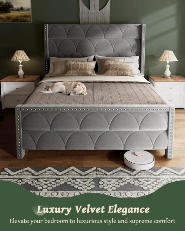 Queen Size Bed Frame with 56" Headboard - 900 LBS Capacity Support, Velvet Upholstered Wingback Platform Bed Frame, Noise Free, Sturdy Wooden Slat Support