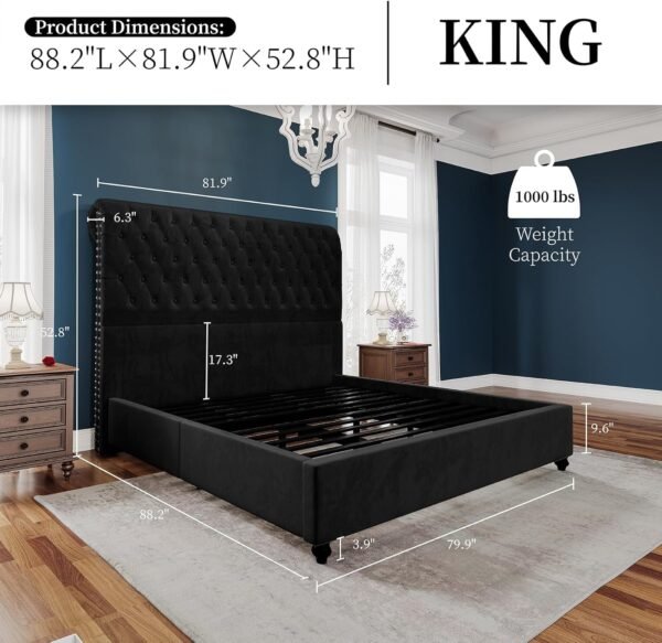 Bed Frame Queen Size Upholstered Platform Bed with 52.8'' Tall Sleigh Headboard, Button Tufted, No Box Spring Needed, Easy Assembly, Black