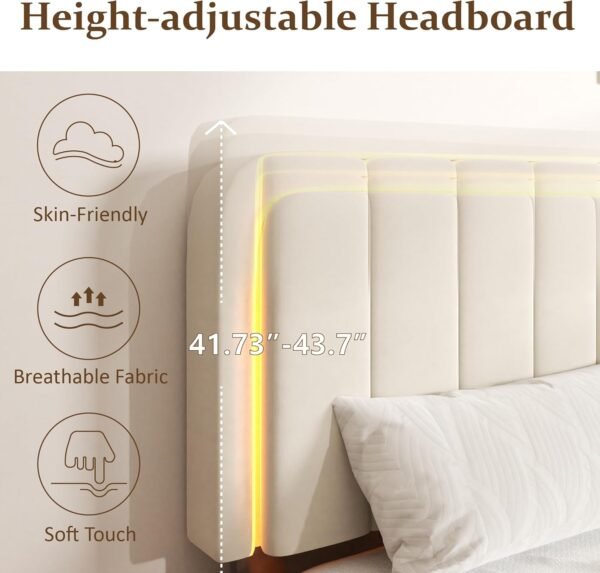 Adjustable Velvet Platform Queen Size Bed with LED Lights, Charging Station & Wooden Slats, Upholstered Bed Frame with Headboard, Noise-Free Mattress Foundation, No Box Spring Required