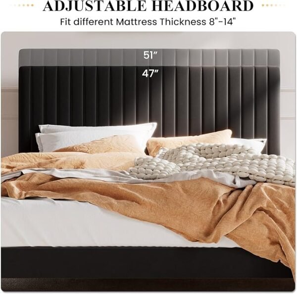 SHA CERLIN Full Upholstered Platform Bed Frame with Adjustable Headboard/Vertical Channel Tufted Velvet Fabric/Wooden Slats Support/Mattress Foundation/Box Spring Optional/Black