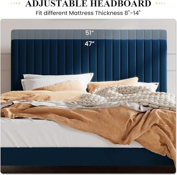 SHA CERLIN Queen Upholstered Platform Bed Frame with Vertical Channel Tufted Velvet Fabric Adjustable Headboard, Wooden Slats Support, Mattress Foundation, Box Spring Optional, Blue