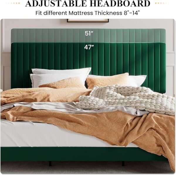 SHA CERLIN Queen Upholstered Platform Bed Frame with Vertical Channel Tufted Velvet Fabric Adjustable Headboard, Wooden Slats Support, Mattress Foundation, Box Spring Optional, Green