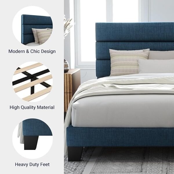 Allewie King Size Platform Bed Frame with Fabric Upholstered Headboard and Wooden Slats Support, Fully Upholstered Mattress Foundation/No Box Spring Needed/Easy Assembly, Navy Blue