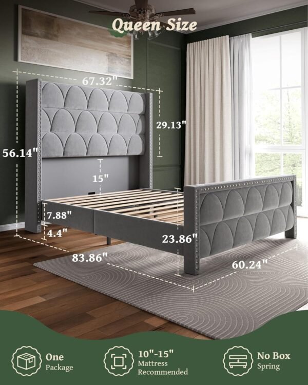 Queen Size Bed Frame with 56" Headboard - 900 LBS Capacity Support, Velvet Upholstered Wingback Platform Bed Frame, Noise Free, Sturdy Wooden Slat Support