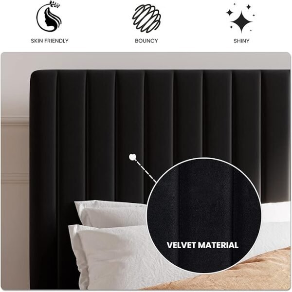SHA CERLIN Full Upholstered Platform Bed Frame with Adjustable Headboard/Vertical Channel Tufted Velvet Fabric/Wooden Slats Support/Mattress Foundation/Box Spring Optional/Black