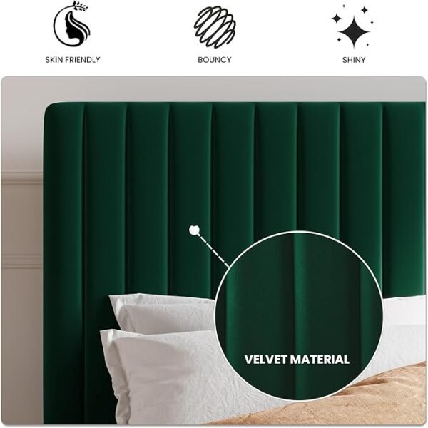 SHA CERLIN Queen Upholstered Platform Bed Frame with Vertical Channel Tufted Velvet Fabric Adjustable Headboard, Wooden Slats Support, Mattress Foundation, Box Spring Optional, Green