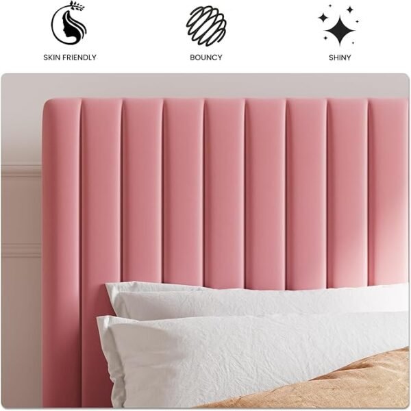 SHA CERLIN King Upholstered Platform Bed Frame with Adjustable Headboard/Vertical Channel Tufted Velvet Fabric/Wooden Slats Support/Mattress Foundation/Box Spring Optional/Pink