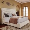 Bed Frame Queen Size Upholstered Platform Bed with 52.8'' Tall Sleigh Headboard, Button Tufted, No Box Spring Needed, Easy Assembly, Cream