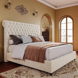 Bed Frame Queen Size Upholstered Platform Bed with 52.8'' Tall Sleigh Headboard, Button Tufted, No Box Spring Needed, Easy Assembly, Cream