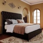 Bed Frame Queen Size Upholstered Platform Bed with 52.8'' Tall Sleigh Headboard, Button Tufted, No Box Spring Needed, Easy Assembly, Black