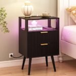 Black Nightstand with Charging Station and LED Lights,Modern Bedside Table with 2 Storage Drawer and Open Wood Shelf, for Bedroom and Small Spaces,Night Stand with Solid Wood Legs,Black