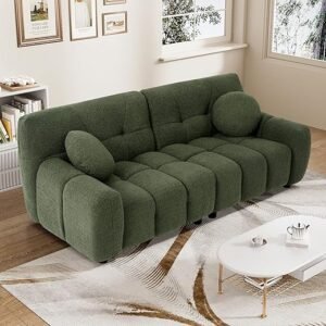 Boucle Cloud Sofa Couch, Comfy Deep Seat Sherpa Couch, 72.8" Overstuffed Cozy Teddy 2 Seat Marshmallow Couch with 2 Pillows, Oversized Loveseat Sofa for Living Room, Emerald Green