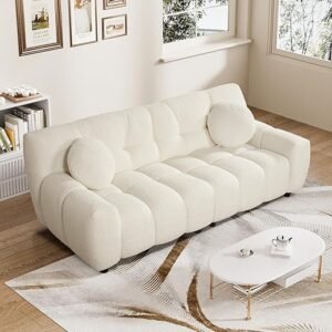 Boucle Cloud Sofa Couch, Comfy Deep Seat Sherpa Couch, 72.8" Upholstered Cozy Teddy 2 Seat Marshmallow Couch with 2 Pillows, Oversized Loveseat Sofa for Living Room, Bedroom, Cream White