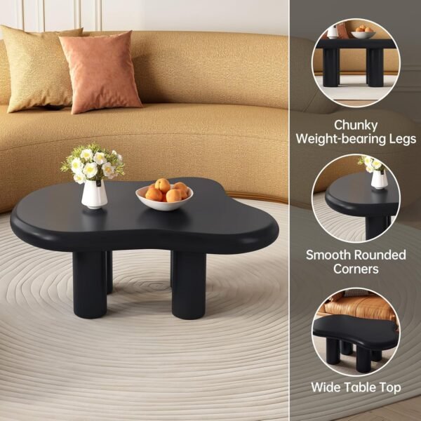 35.82" Black Cloud Coffee Table, Modern Coffee Table with 4 Sturdy Support Legs, Small Black Coffee Table, Round Edge, 2.67" Thick Tabletop,Easy Match for Living Room, Bedroom, Balcony,Patio