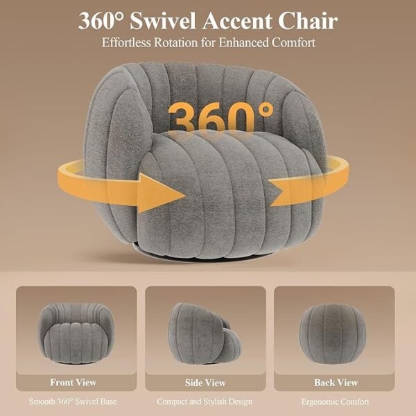 360°Swivel Accent Chair,Modern Living Room Chairs Comfy,Cozy Round Reading Chair,Bedroom Chair for Adults,Teen,Grey,1pcs