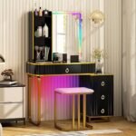 CHARMAID RBG LED Makeup Vanity Table, Colorful Lighted Mirror, 7 Dynamic & 7 Static Modes, 3-Drawer Chest, 3 Shelves, Large Drawer, Girls Vanity Desk Dressing Table with Stool