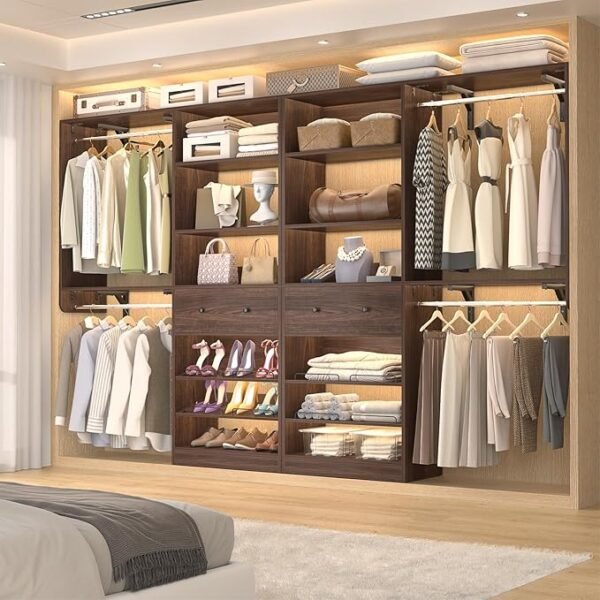 Closet System with Drawer - Reversible 5FT Wood Closet Organizer System with 2 Hanging Rods and Adjustable Shelf, Walk In Closet Organizers with Shoe Rack, Built-In Garment Rack, Black Walnut