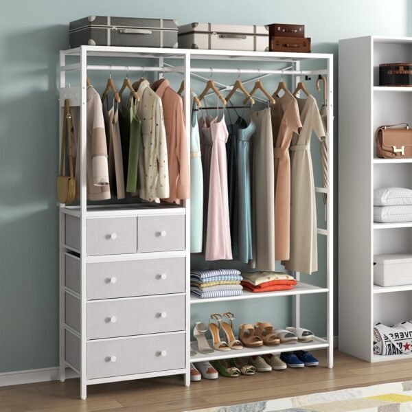 Clothes Rack with 5 Drawers & 4 Storage Shelves, 59.1W*70.9H Heavy Duty Clothing Rack with 2 Hanging Rods, Wardrobe Closet Organizer System with 5 Hooks, Freestanding Garment Rack (White)