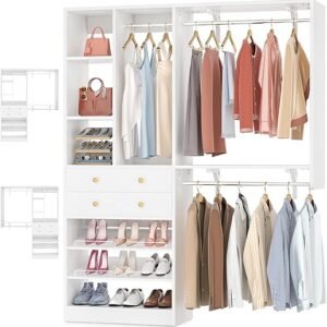 Closet System - 5FT Small Closet System with Drawers, 60" Closet Organizer System with Reversible Hanging Shelving, Closet Systems for Small/Walk-in Closets, White