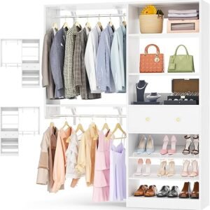 Closet System with Drawer - Reversible 5FT Wood Closet Organizer System with 2 Hanging Rods and Adjustable Shelf, Walk In Closet Organizers with Shoe Rack, Built-In Garment Rack Clothes Rack, White