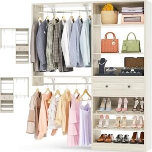 Closet System with Drawer - Reversible 5FT Wood Closet Organizer System with 2 Hanging Rods and Adjustable Shelf, Walk In Closet Organizers with Shoe Rack, Built-In Garment Rack, White Oak