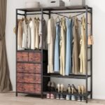 Clothes Rack with 5 Drawers & 4 Storage Shelves, 59.1W*70.9H Heavy Duty Clothing Rack with 2 Hanging Rods, Wardrobe Closet Organizer System with 5 Hooks, Freestanding Garment Rack (Rustic)