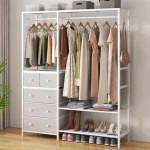 Clothes Rack with 5 Drawers & 4 Storage Shelves, 59.1W*70.9H Heavy Duty Clothing Rack with 2 Hanging Rods, Wardrobe Closet Organizer System with 5 Hooks, Freestanding Garment Rack (White)