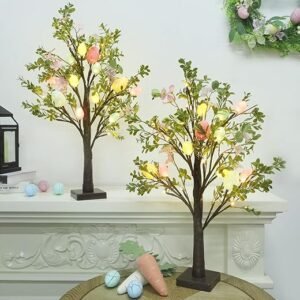 DR.DUDU Easter Decoration Set of 2 Lighted 24 Inch Artificial Tree with Easter Eggs & Colorful LED Lights, Light Up Tabletop Bonsai Tree for Table Home Holiday Spring Decor