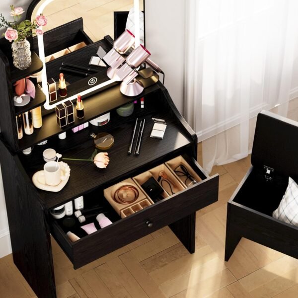 LIKIMIO Small Makeup Vanity Desk with Mirror and Lights, Vanity Table Set with Storage Drawer, Chair and Three Shelves, Bedroom, Black