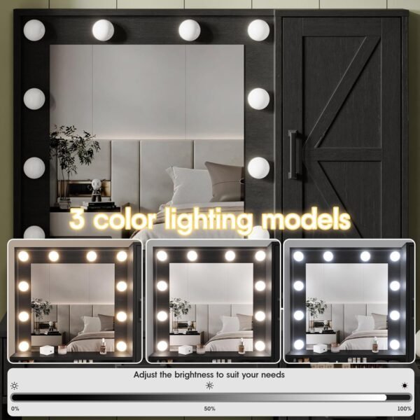 Fameill Vanity Desk with Mirror and Lights,Make up Vanity with Chair and Outlet,Dressing Table with Jewelry Cabinet, Bedroom Vanity with 2 Drawers, 3 Lighting Colors,36.4 inch,Black