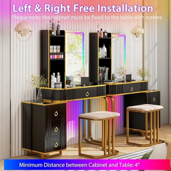 CHARMAID RBG LED Makeup Vanity Table, Colorful Lighted Mirror, 7 Dynamic & 7 Static Modes, 3-Drawer Chest, 3 Shelves, Large Drawer, Girls Vanity Desk Dressing Table with Stool