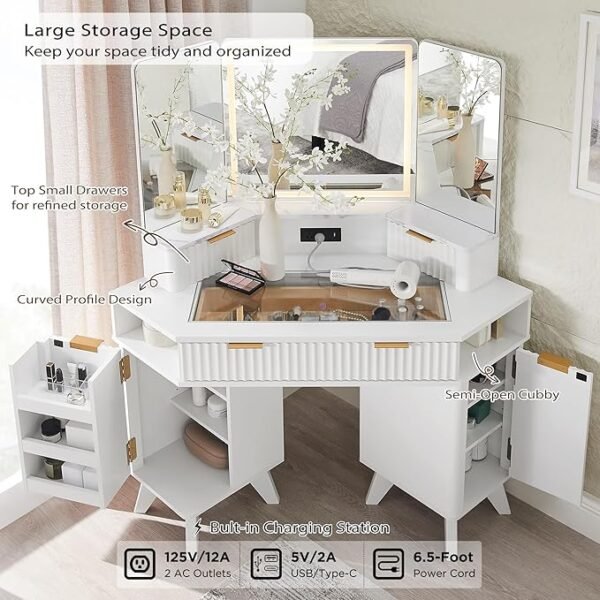 T4TREAM Fluted Makeup Vanity Desk with 3 Way Mirror and Lights, 48" Large Corner Vanity Table with Glass Top, Charging Station, 3 Drawers, Storage Cabinets & Shelves, for Bedroom, Solid White