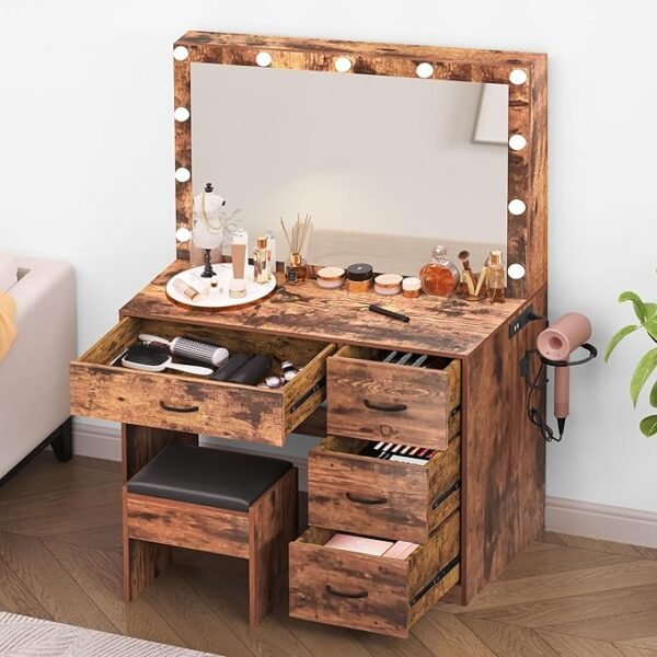 YITAHOME Makeup Vanity Set with Adjustable LED Mirror, Power Outlets, 4 Drawers, and Cushioned Stool, Ideal for Bedroom