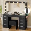YITAHOME Vanity Desk with Mirror and Lights, Makeup Vanity Set with Glass Top & 10-Drawer, Charging Station, Dressing Table with Storage Chair & 3-Color Brightness Adjustable Lighting, Ink Black